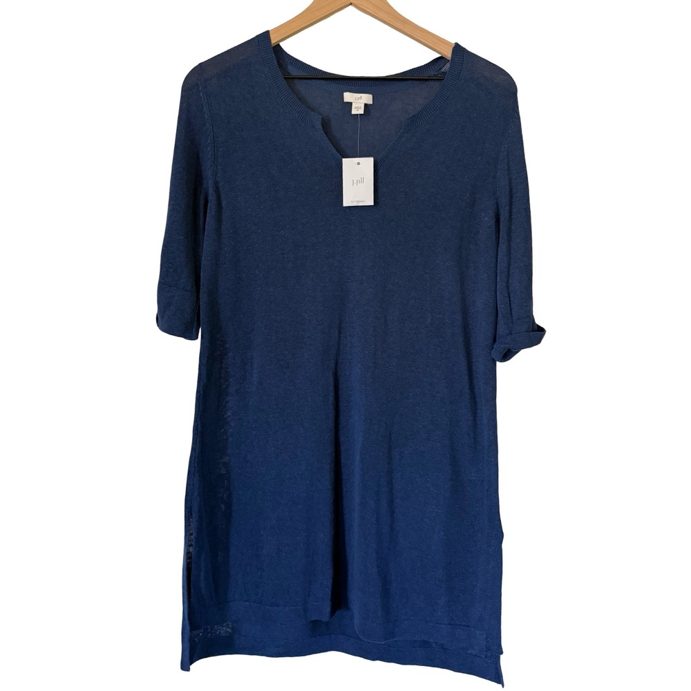 J. Jill Womens Navy Blue Linen Blend Knit Tunic Sweater Notch Neck XS NWT